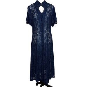 VTG Navy Sheer Lace Maxi Dress Large Lace Up Corset Whimsigoth Fairy Renaissance